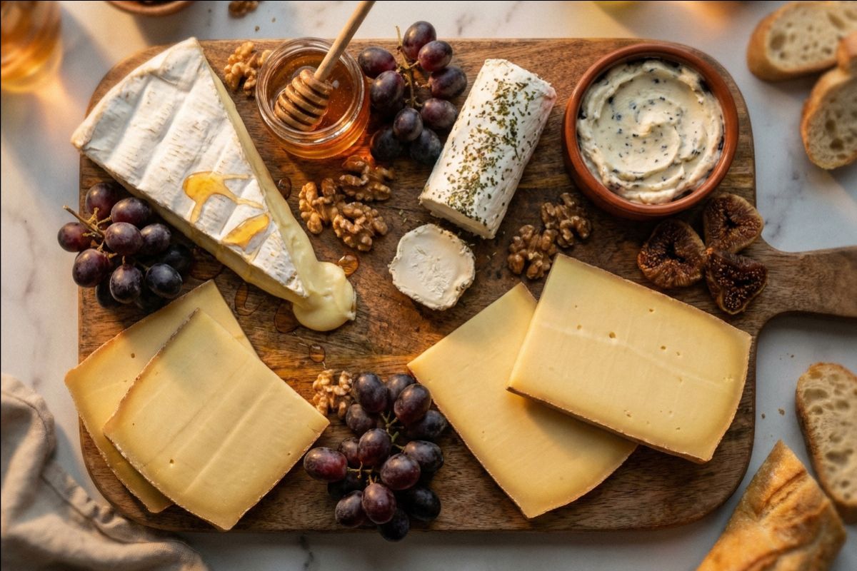 Grand plateau de fromages pour 10 personnes avec Brie, chèvre, Comté et fromage surprise, accompagnés de fruits secs et pain