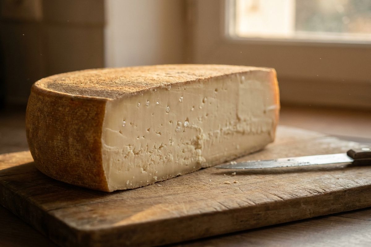Meule de Comté AOP coupée en deux, pâte ivoire parsemée de cristaux de tyrosine, sur une planche en bois rustique