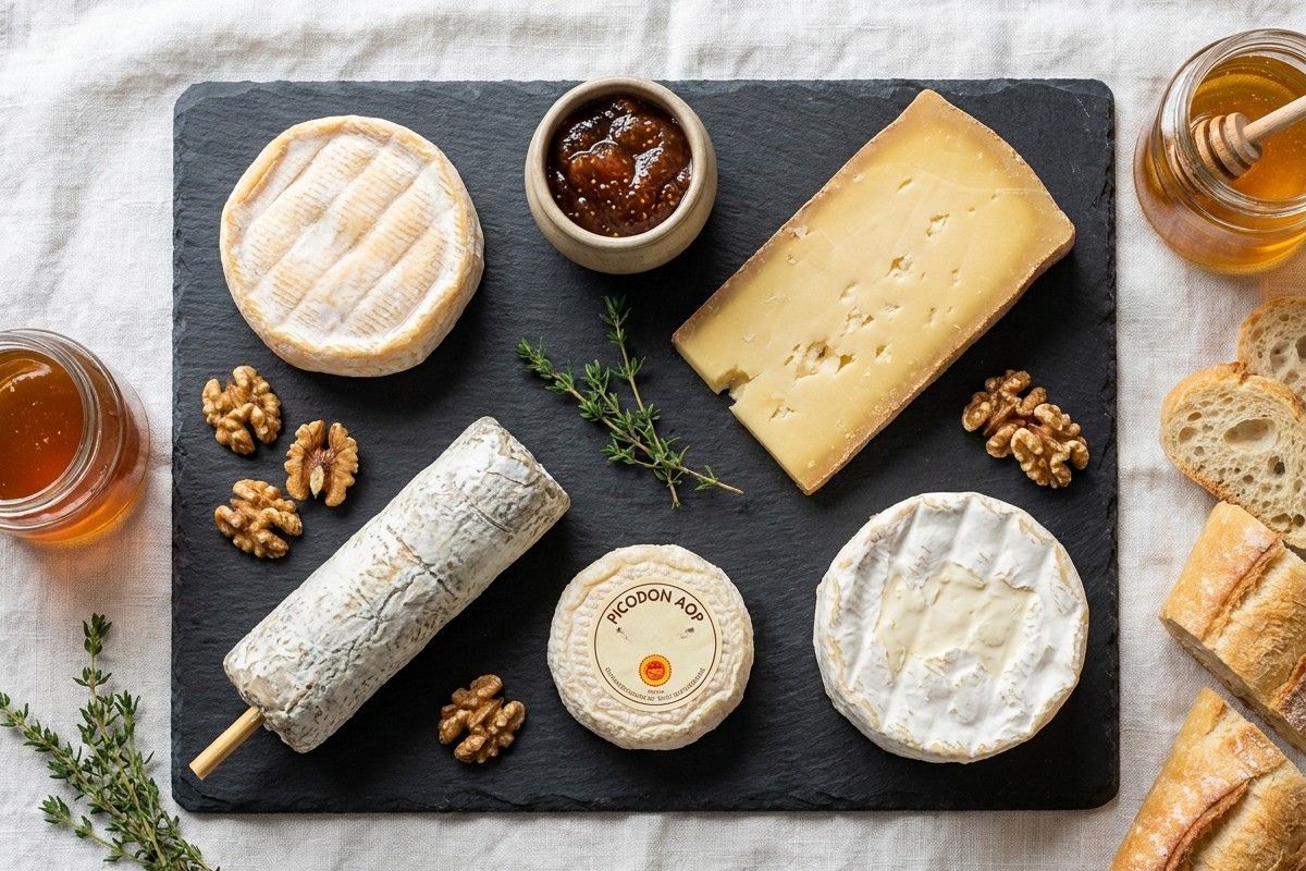 Plateau de fromages parfait composé par un fromager : cinq AOP françaises sur ardoise avec condiments