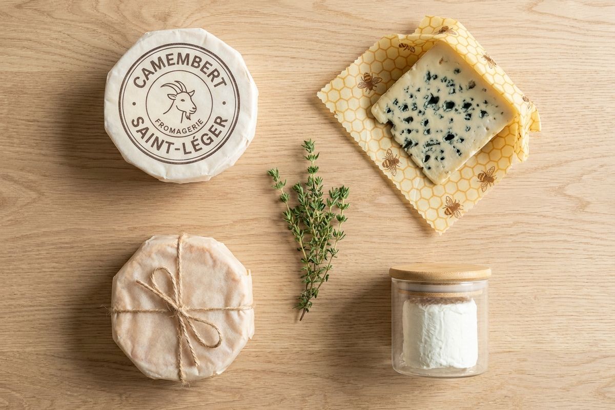 Quatre méthodes d'emballage durable pour conserver les fromages : papier ciré, cire d'abeille, parchemin, verre