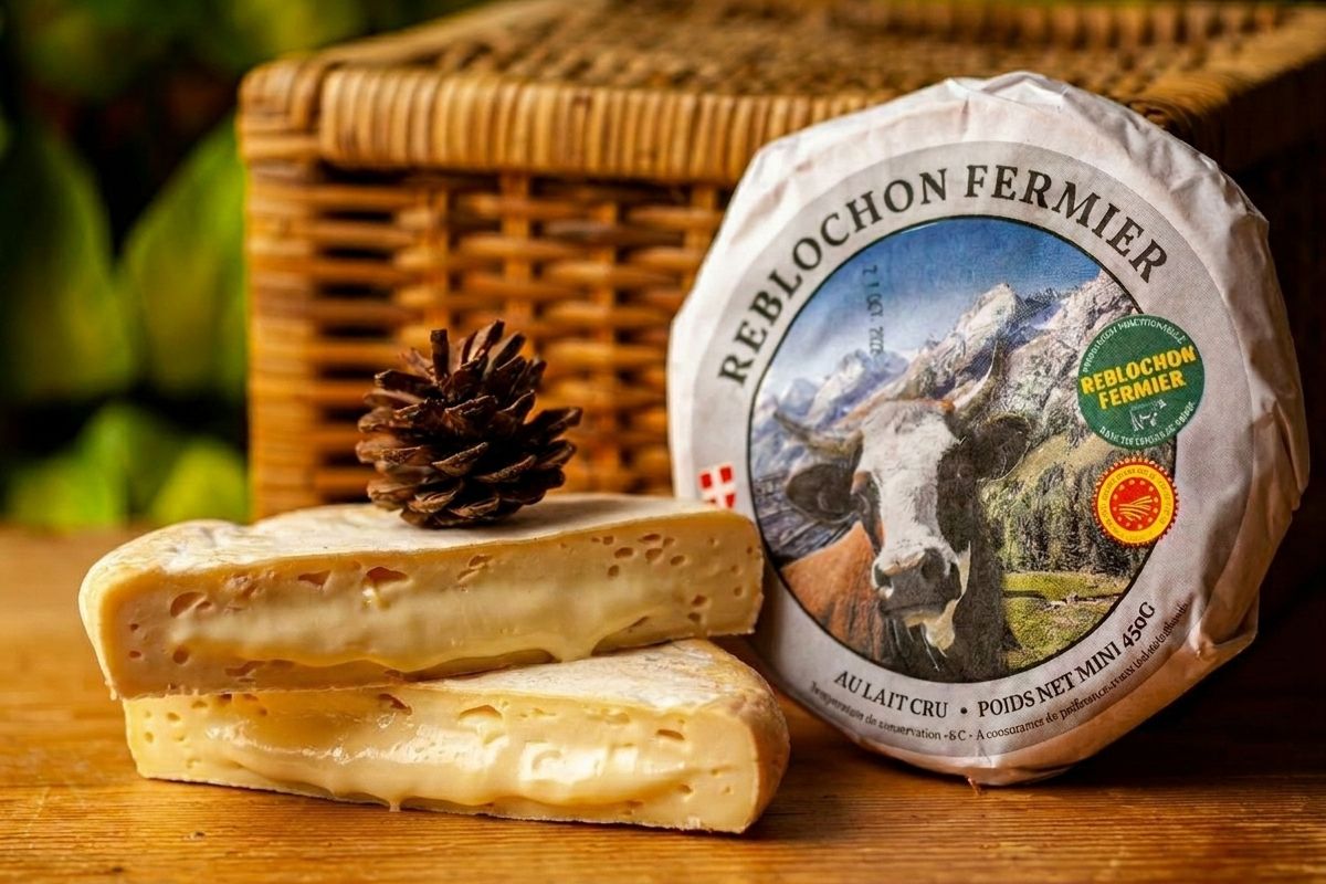 Étiquette AOP et mention lait cru sur emballage de Reblochon Fermier, authenticité artisanale