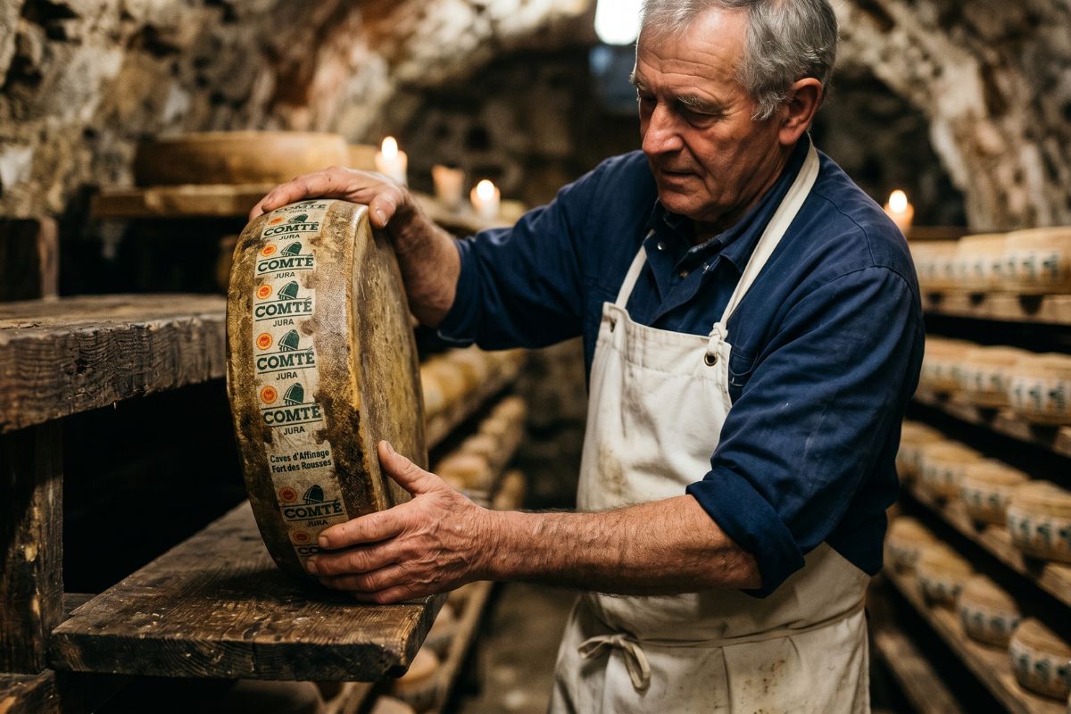 Maître fromager affinant une meule de Comté AOP sur des planches en bois dans une cave traditionnelle