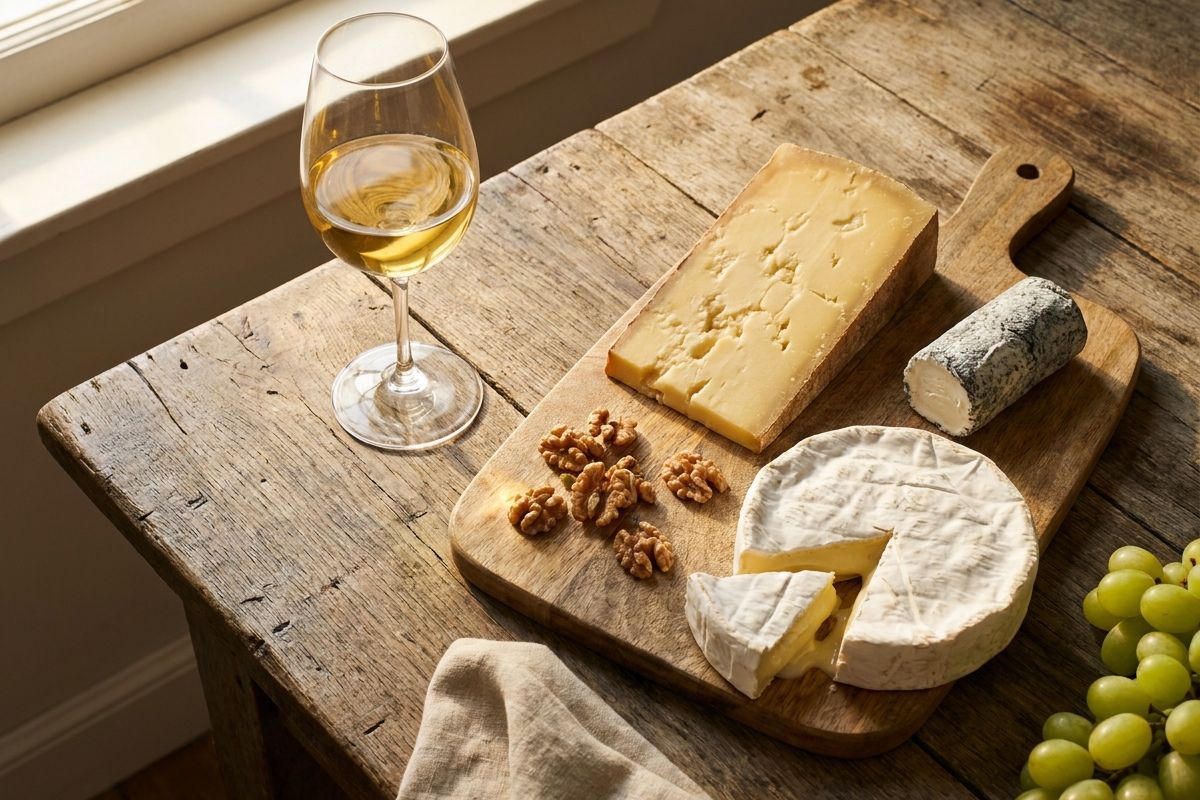 Plateau accord vin et fromage : verre de Bourgogne blanc, Comté AOP, Brie et chèvre sur table en chêne