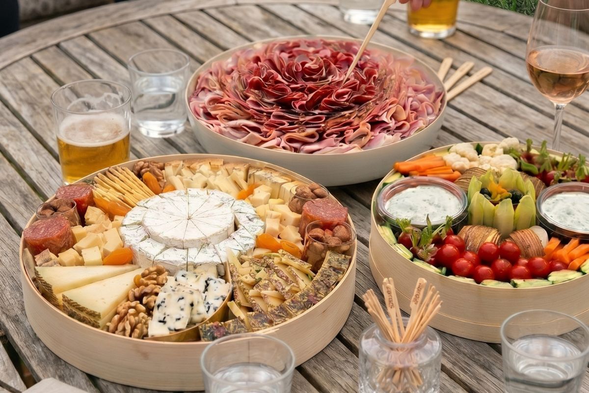 Plateau apéro estival fromages artisanaux et charcuterie fine sur table en bois en plein air, lumière dorée
